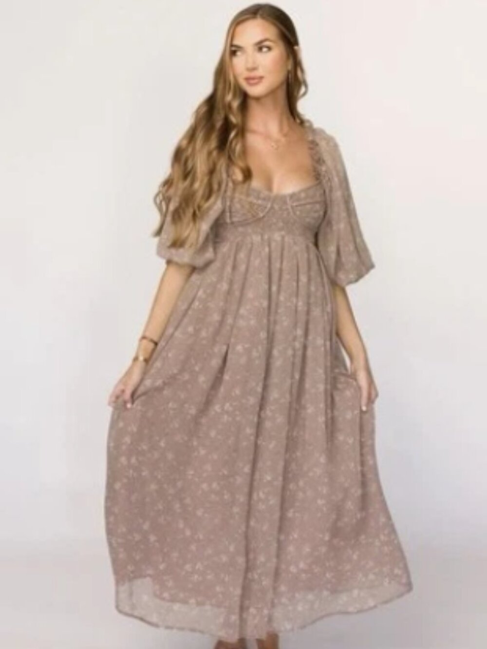 Worth Collective Harlow Floral Taupe Dress Size L Puff Sleeve Smocked Empire - Picture 3 of 7